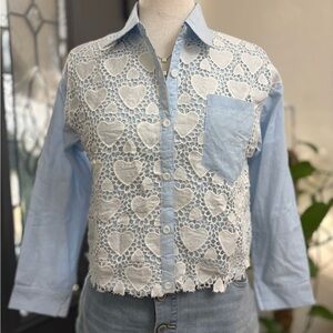 Catalina Blue Pinstripe & White Heart Lace Overlay Boho Button Down Blouse